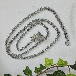 Silver with Light Blue Crystal Rhinestone Chain Style Belt with Frog